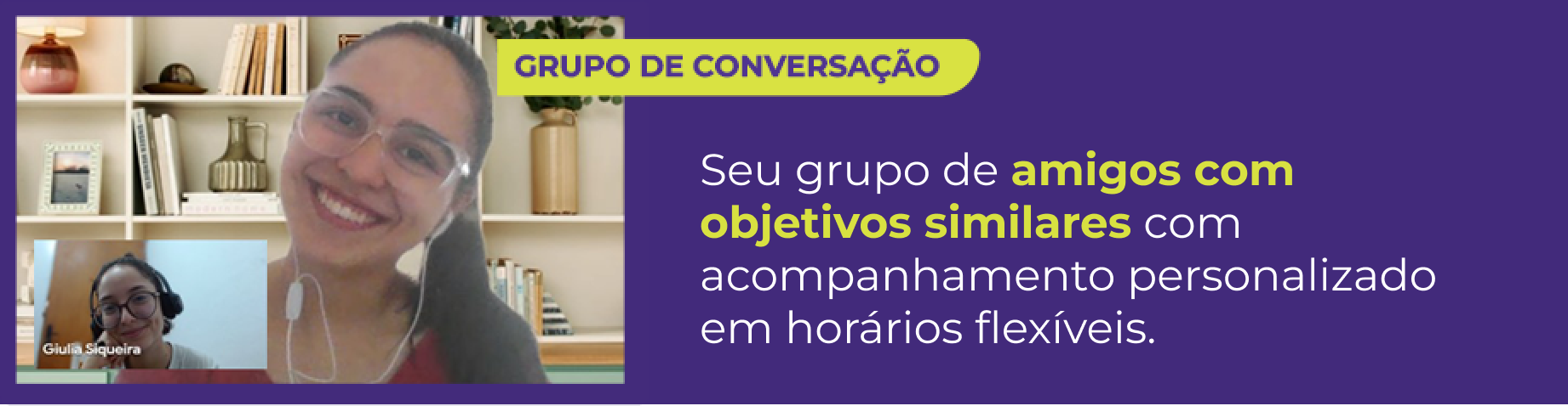 Resumo sobre grupo de conversação, com foto de Giulia com aluno